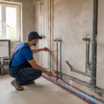 Instalator sprawdzający instalacje sanitarne w budowanym domu