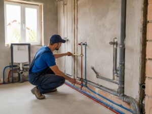 Instalator sprawdzający instalacje sanitarne w budowanym domu