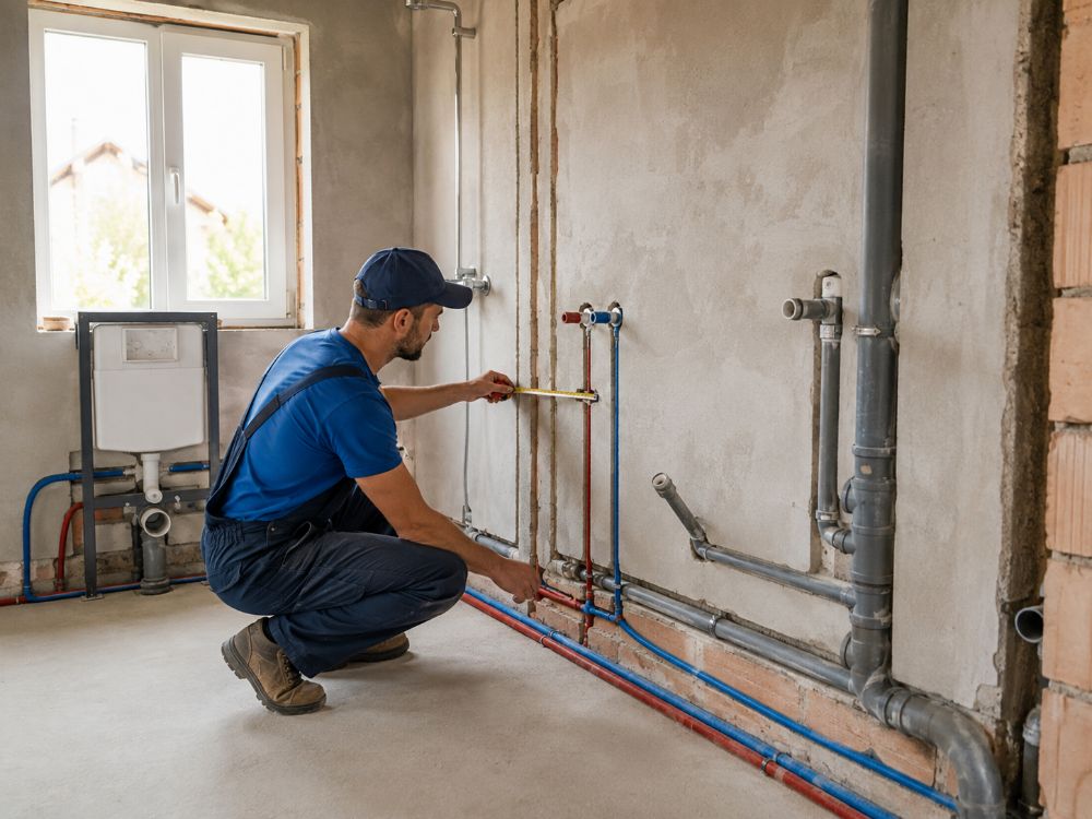 Instalator sprawdzający instalacje sanitarne w budowanym domu