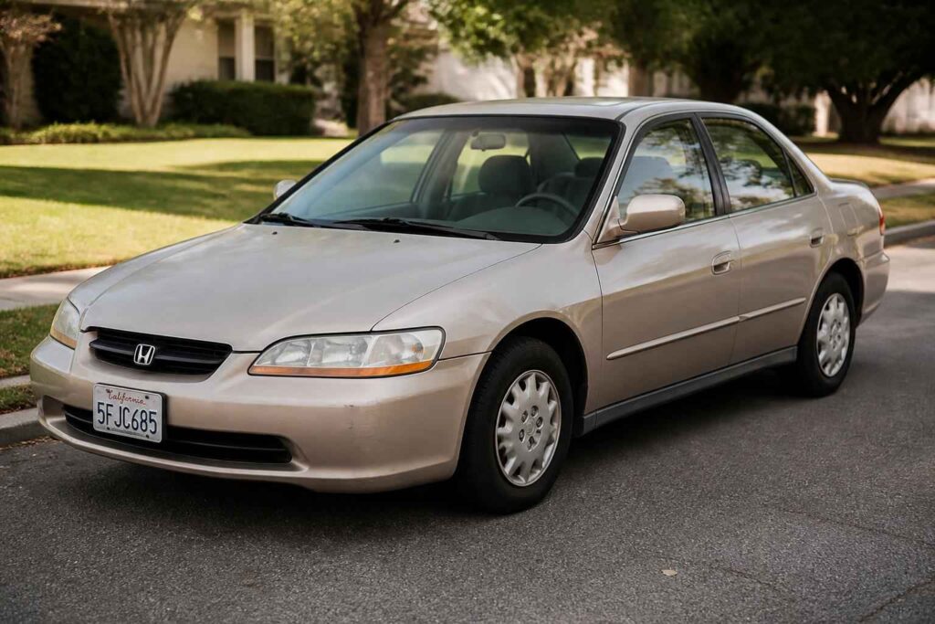 Srebrna Honda Accord zaparkowana przy krawężniku na spokojnej, zielonej ulicy osiedlowej