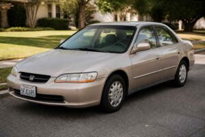 Srebrna Honda Accord zaparkowana przy krawężniku na spokojnej, zielonej ulicy osiedlowej