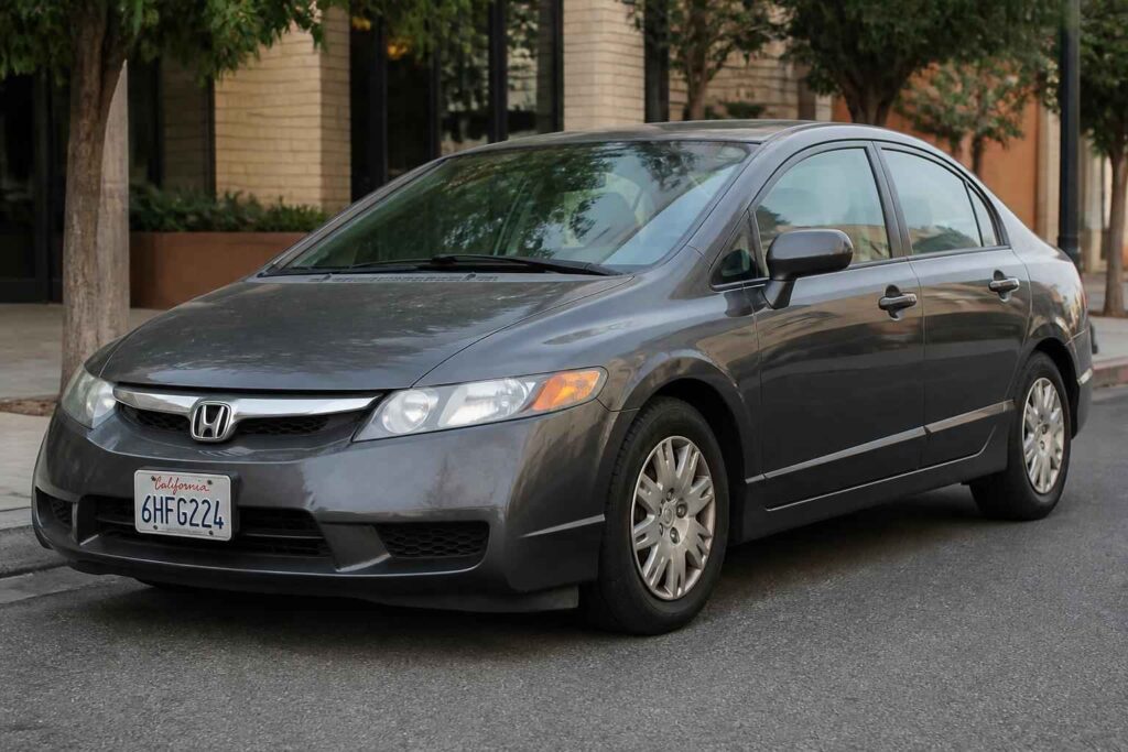 Szary Honda Civic przed miejskim budynkiem Szary Honda Civic zaparkowany przy krawężniku przed budynkiem z drzewami wzdłuż ulicy